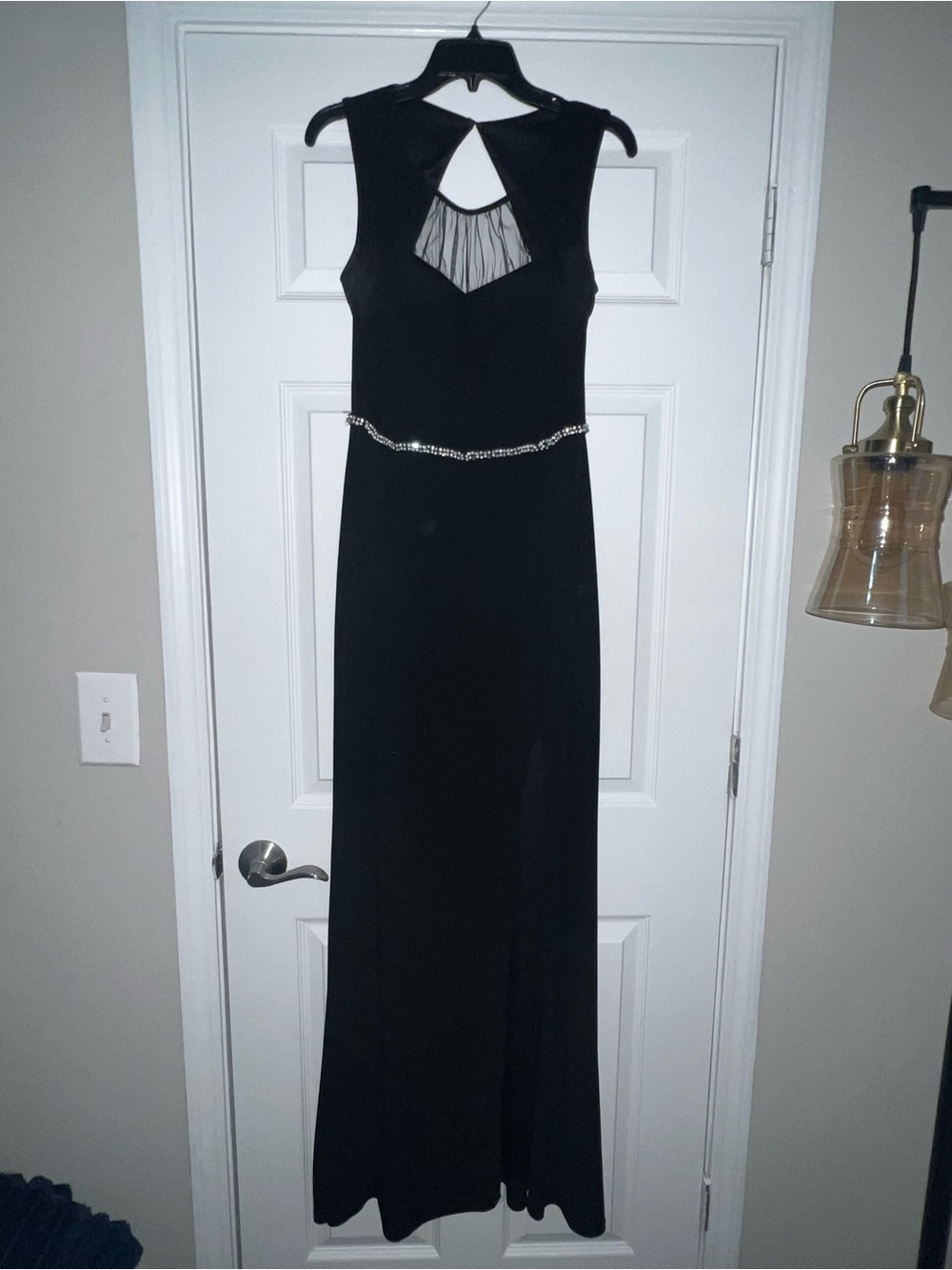 Jodi Kristopher Black Maxi Dress with Sheer Keyhole & Gem Waist